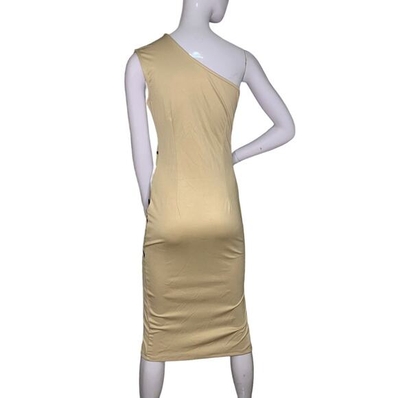 Sexy One Shoulder Bandage Dress Size Large Beige and Black Patchwork Front Slit - Picture 4 of 8